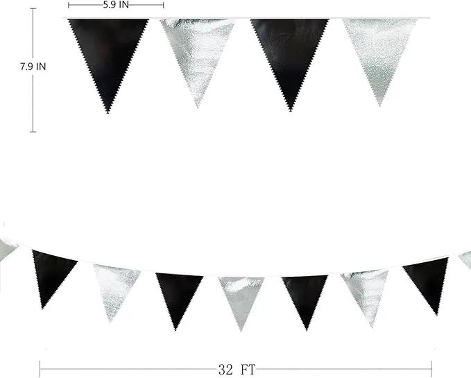 Black and Silver Party Decorations Triangle Pennant Banner Flag Metallic Fabric Bunting Garland for Birthday Graduation Retirement Wedding Bachelorette Bridal Shower Engagement Disco Party Supplies by GreenHaven Gardens