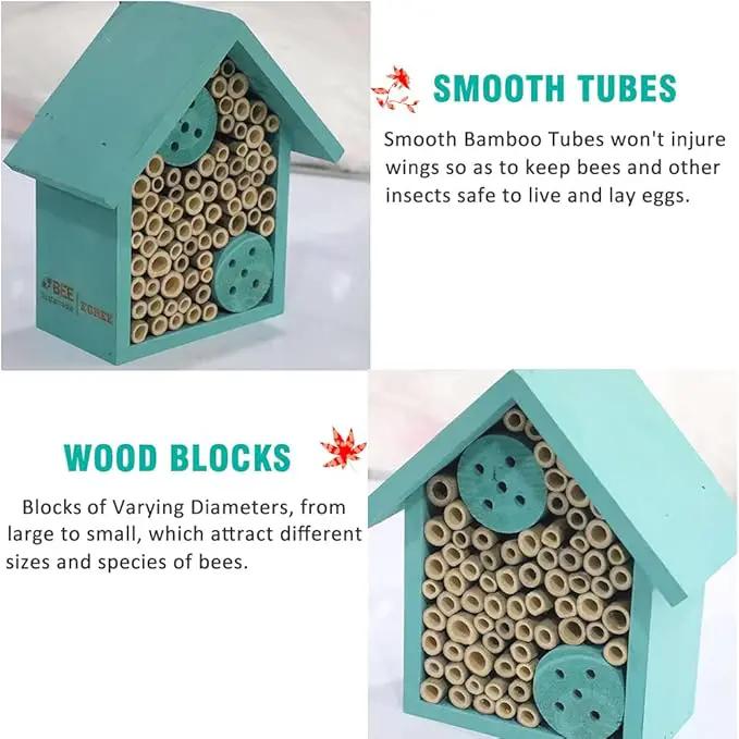 Mason Bee Houses Outdoor Wooden Blue Bee Hotel for Garden and Yard Hand-Made Bamboo Bee Hive for Bees Butterflies and Ladybugs, Medium Size 8"x7.5"x5" by GreenHaven Gardens