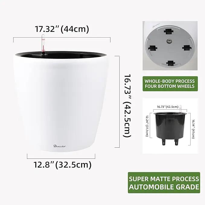 Dexceder 18x17 Self Watering Planter with Wheels Indoor Outdoor, Inner Pot Design, Thickened Large Floor Standing Flower Plant Pot with Water Level Indicator (White Matte) by GreenHaven Gardens
