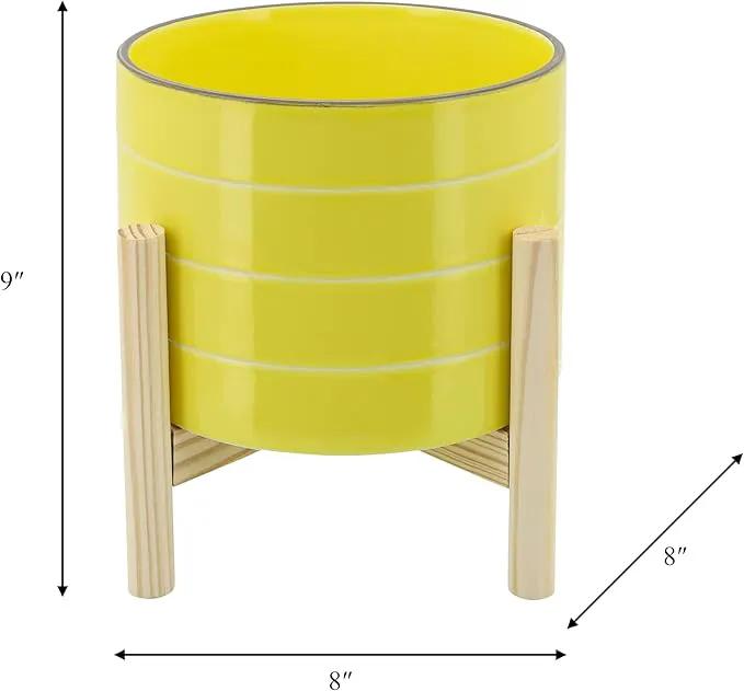 Sagebook Home 8" Planter on Stand - Ceramic Planter on Wooden Base - Contemporary Yellow and White Striped Design Indoor or Outdoor Plant Stand Decor by GreenHaven Gardens