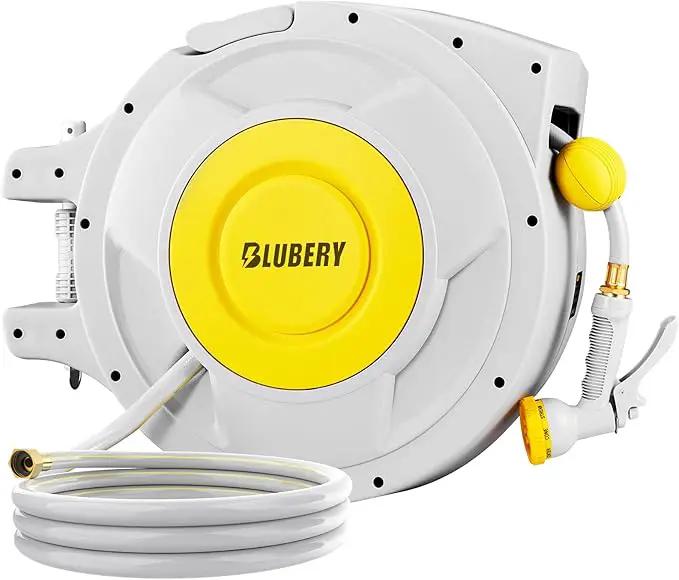 BLUBERY 5/8" x 100+6.7ft Retractable Garden Hose Reel with Slow Return System, Heavy-Duty Wall-Mounted 39.3LB, 10" Handle, 180° Swivel Bracket, Any Length Lock by GreenHaven Gardens