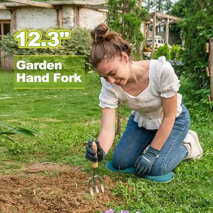 Berry&Bird Gardening Hand Fork, Stainless Steel Hand Weed Fork, Traditional Garden Hand Fork Tool with Ergonomic Ash Wood Handle for Weeding, Digging, Planting and Cultivating by GreenHaven Gardens