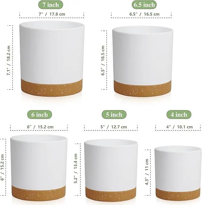5 Pack Cylindrical Flower Pots with 7/6.5/6/5/4 inch, Modern Small Plastic Plant Pots with Drainage Holes & Saucers, Round Planter Pots for Outdoor, Indoor & Office Decor (White Brown) by GreenHaven Gardens