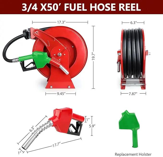 Fuel Hose Reel with Fueling Nozzle, 3/4" x 50FT Retractable Diesel Hose Reel, 300 PSI Industrial Heavy Duty Auto Swivel Rewind Hose Holder Reels, for Vehicle Tank Truck Trailer Ship by GreenHaven Gardens