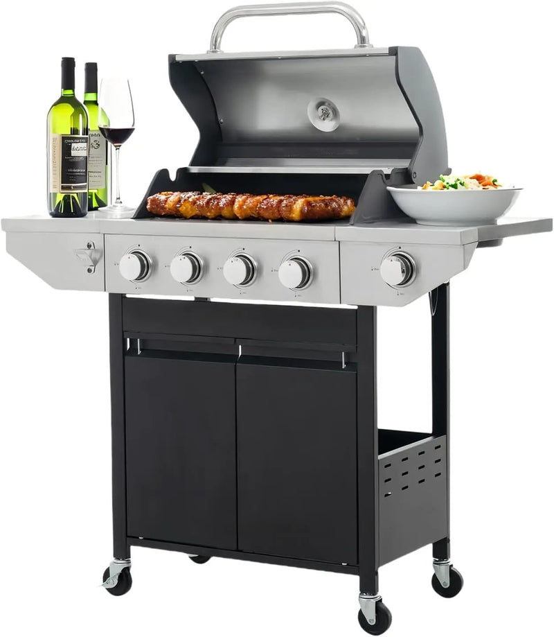 Endark 4-burner propane gas grill | Stainless steel construction | Dual side racks and wheels | Designed for patio, garden, and backyard cooking by GreenHaven Gardens