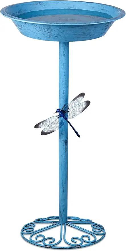 Bird Baths for Outdoors 25.5 Inch Height Outdoor Garden Bird Feeder Metal Birdbath with Dragonfly for Garden Yard and Lawn Decoration,Blue by GreenHaven Gardens