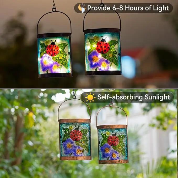 Starsoul 2 Pack Hanging Solar Lantern Outdoor Waterproof Glass Ladybug and Flowers Decorative Solar Lights for Outside Garden Yard Table Patio Decor by GreenHaven Gardens