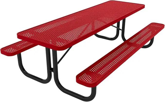 Coated Outdoor Furniture Heavy-Duty Portable Outdoor Picnic Table, Thermoplastic Coated Punched Steel Commercial-Grade Patio Dining Furniture Made in America (8ft Rectangular, Textured Red) by GreenHaven Gardens
