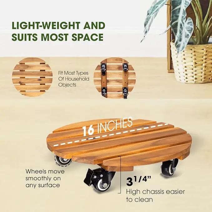 Idzo 16inches Capacity 500lbs Wood Plant Caddy With Wheels Heavy Duty, Acacia Hardwood Plant Dolly, Plant Stand with 360° Lockable Wheels for Plant Pots, Heavy Objects Hauling - Natural Wood by GreenHaven Gardens