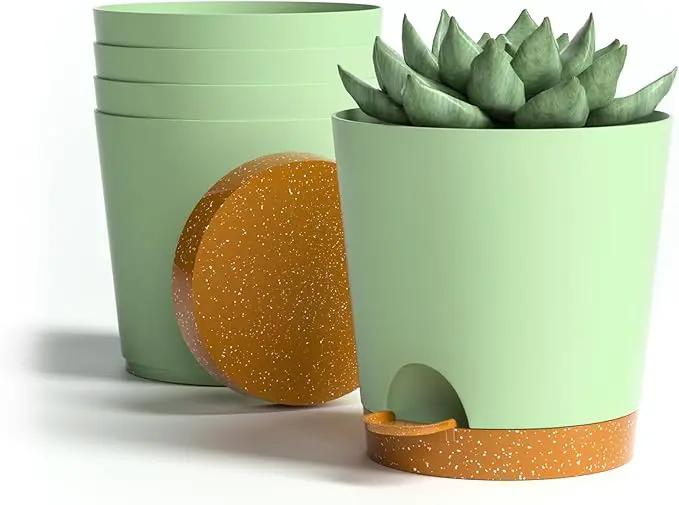4 inch Small Plant Pots for Outdoor Indoor Plants, 5 Pack Planters with Drainage Holes and Tray, Small Self Watering Pots for Succulent,Cactus, Aloe and Other Plants (Green) by GreenHaven Gardens