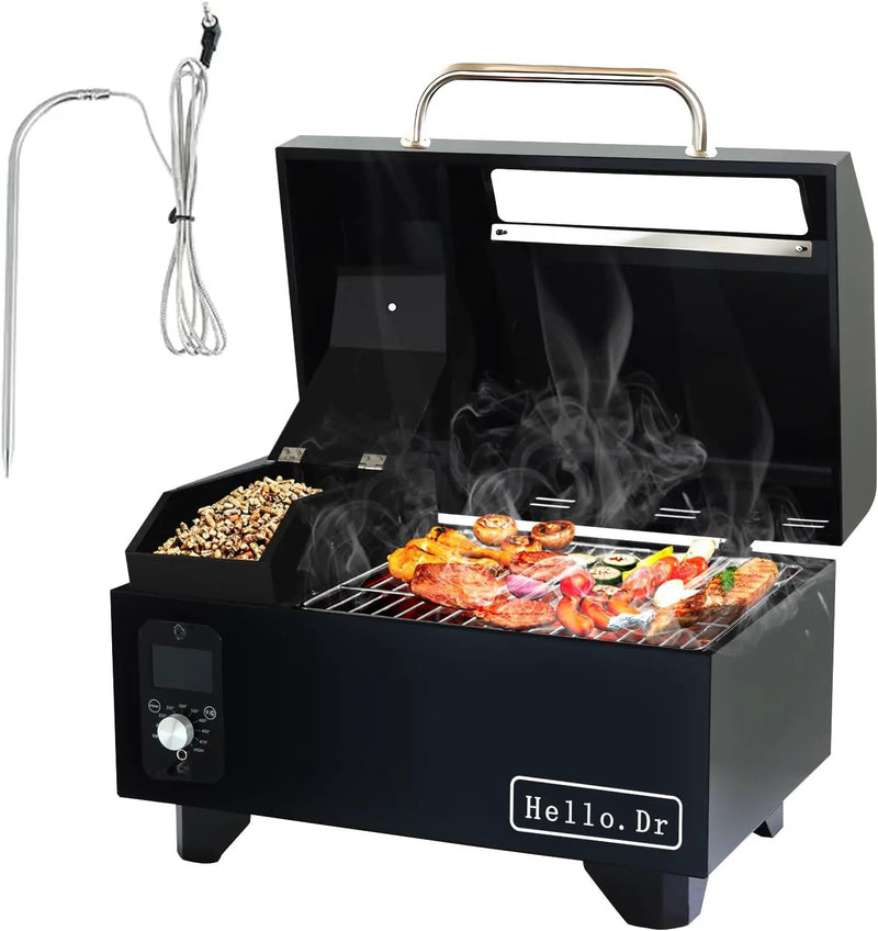 Portable Wood Pellet Grills 900°F，Smoker with Viewing Window – 8-in-1 BBQ, Digital Control, LED Screen, Temperature Control, Meat Probe，Bake and Roast, Ideal for Camping, RV, Beach Backyard by GreenHaven Gardens
