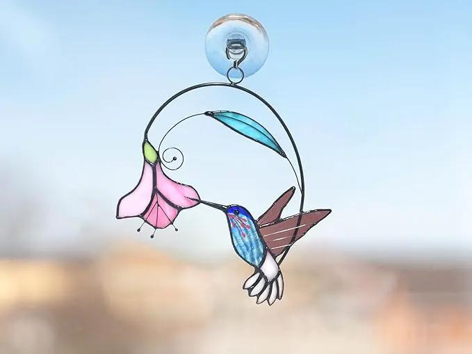 Lolitarcrafts Stained Glass Hummingbird Window Hangings with Flowers, Bird Stained Glass Suncatcher for Window Decor Hummingbird Gifts for Mom,Bird Lovers (Blue with Flower B) by GreenHaven Gardens