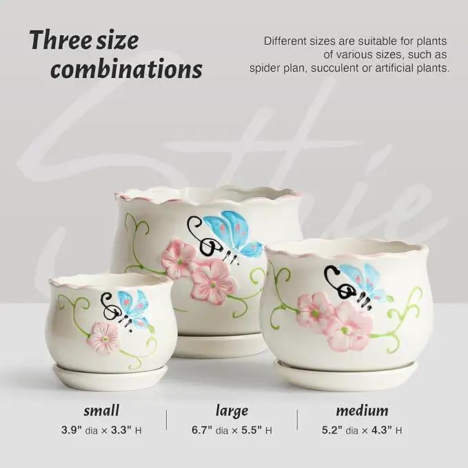 Ceramic Plant Pots with Drainage Holes and Saucers, Round Flower Pots for Indoor Plant, 3.9/5.2/6.7 Inches Flower Large Planters Set of 3 by GreenHaven Gardens