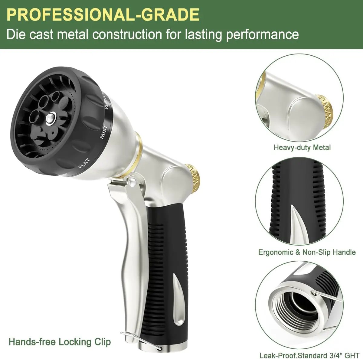 FANHAO Heavy Duty Garden Hose Nozzle, 100% Metal Water Nozzle with 8 Adjustable Spray Patterns, High Pressure Hose Sprayer with Non-Slip Grip for Watering Plants & Lawns, Washing Cars & Pets -Silver by GreenHaven Gardens