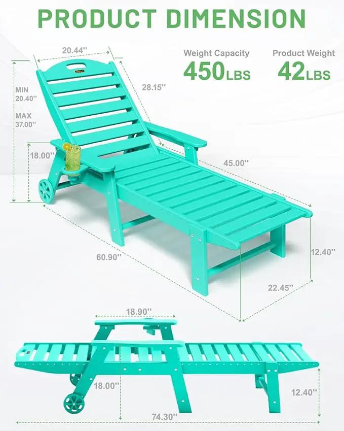 Lounge Chair Outdoor, Chaise Lounge, HDPE 6-Position Outdoor Chaise Lounge, Patio Lounge Chair with Wheels & Cup Holder for Pool Poolside Deck Backyard, Lake Blue by GreenHaven Gardens