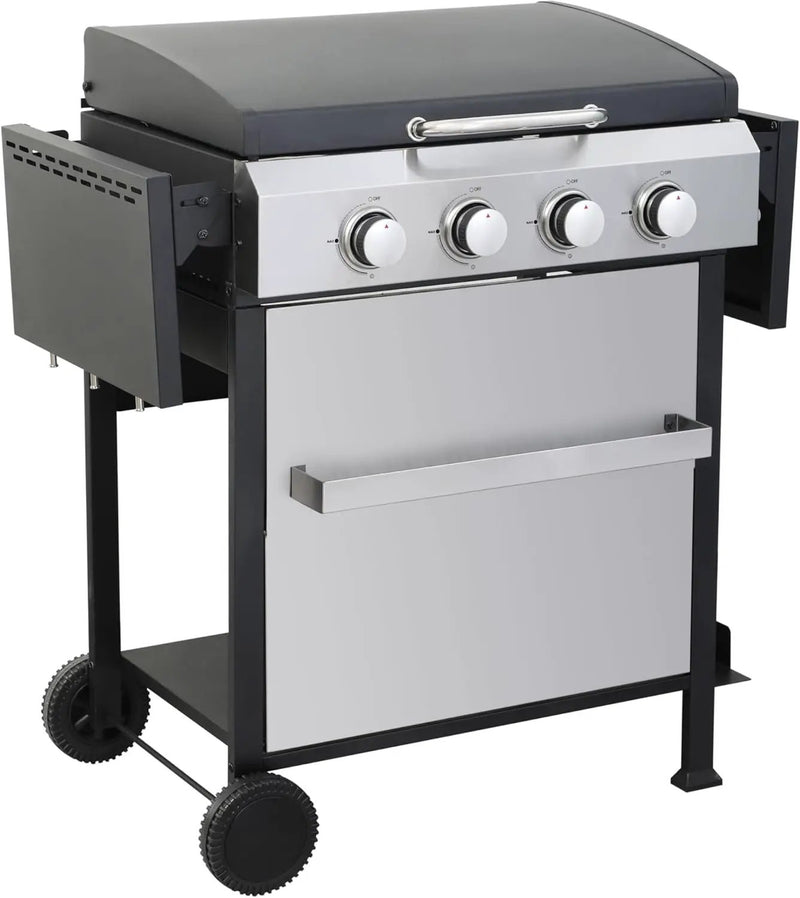 4-Burner Propane Gas BBQ Grill with SS Plancha, 49,200 BTU Output, Wire Enamel Cooking Grids, Foldable Side Table and Hanging Basket, Heavy-Duty Stainless Steel Grill by GreenHaven Gardens