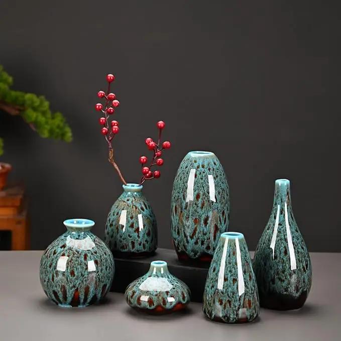 Ceramic Bud Vase Set, Fambe Blue Glazed Finish, Decorative Flower Vases (Blue-Set of 6) by GreenHaven Gardens