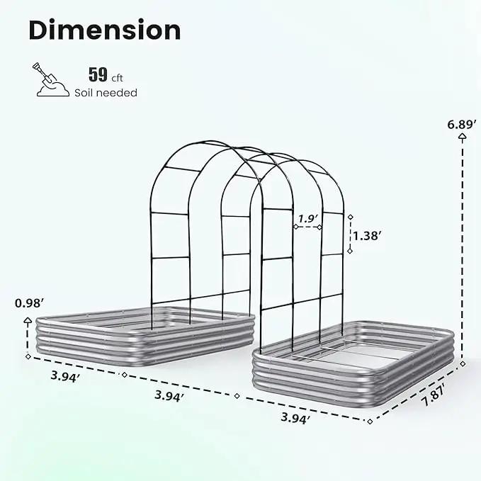 KING BIRD Raised Garden Bed with Arched Trellis Galvanized Planter Garden Box Outdoor for Gardening, Climbing Vegetables, Flowers 7.87x3.94x0.98 Ft 2PCS, Silver by GreenHaven Gardens