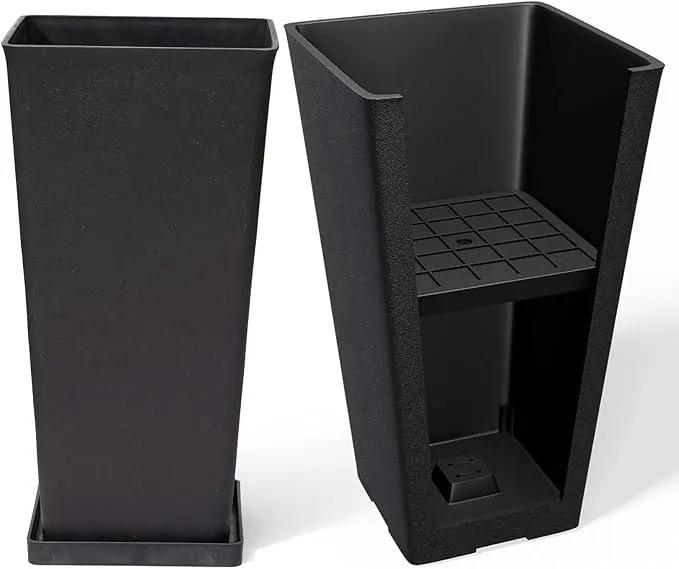 LA JOLIE MUSE 26 inch Tall Black Planters for Outdoor Plants,Set of 2 Tapered Planters with Trays,V-Shape Rectangular Garden Planters for Front Door, Patio and Deck by GreenHaven Gardens