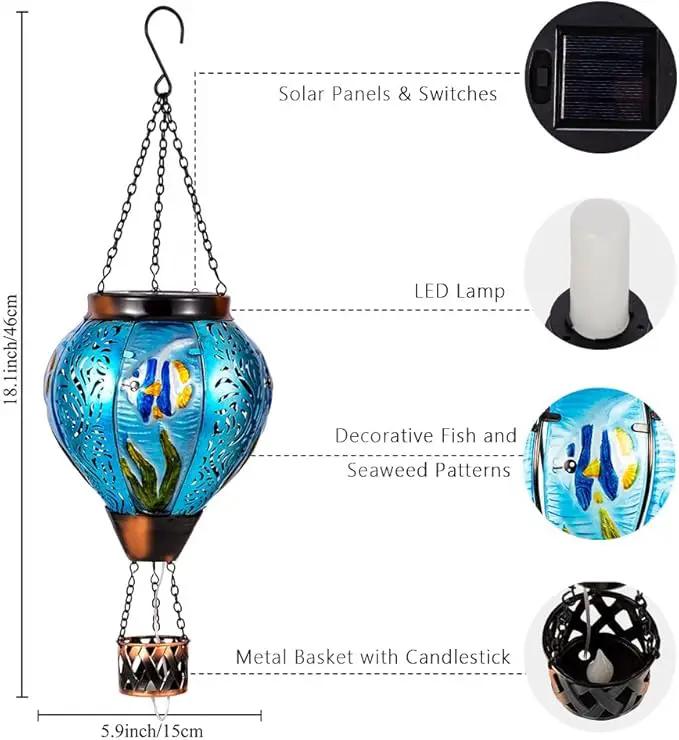 Blue Fish Hot Air Balloon Solar Lantern with Flickering Flame Hanging Solar Lanterns Outdoor Waterproof,LED Metal Hot Air Balloon Lights for Patio Yard Garden Decor,Mother Day Gifts for Women by GreenHaven Gardens
