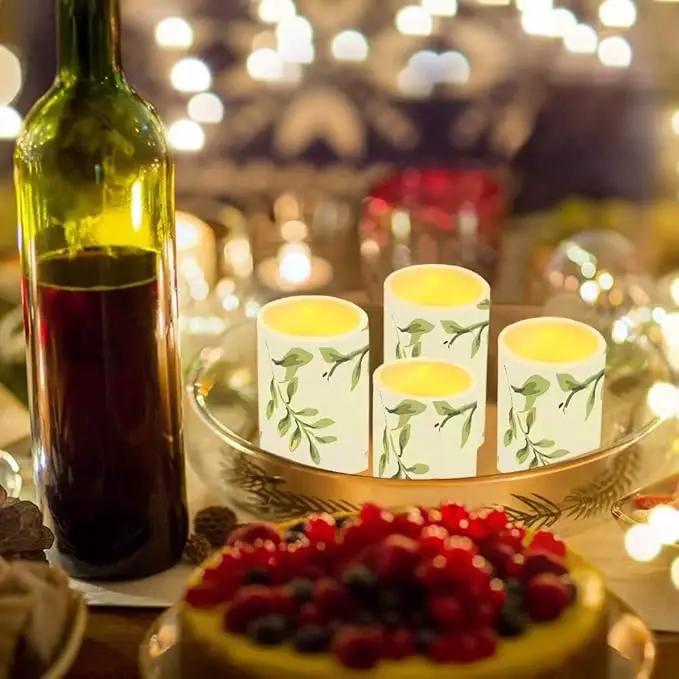 Green Leaves Flameless Candles Battery Operated Candles Set of 4 with 18-Key Remote Control Timer Dancing Flame Pillar Candles for Home Beach Hotel by GreenHaven Gardens