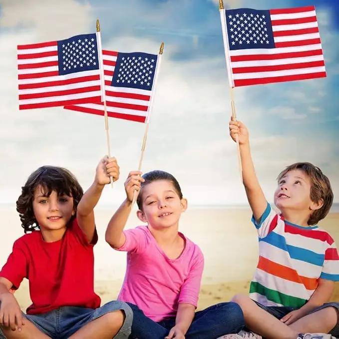 Pack of 100 American Flags with wood Stick, 12x18 Inch American Flags for outside, US Flags/American Hand Held Stick Flags with Kid-Safe Spear Top, Perfect for Patriotic Decorations, Parades, Veteran Party,4th of July decorations by GreenHaven Gardens