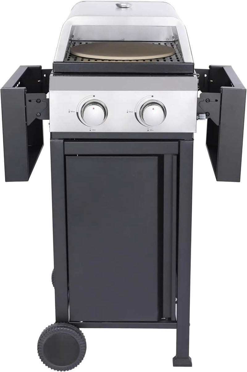2-Burner Propane Gas BBQ Grill with Pizza Box, 24,600 BTU Output, Wire Enamel Grids, Foldable Side Table and Hanging Basket, Stainless Steel Patio Grill by GreenHaven Gardens