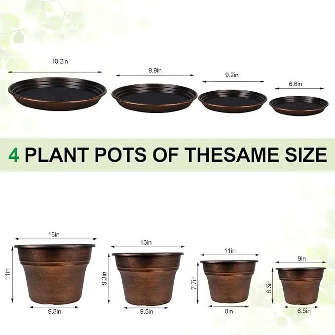 Plant Planters Pots Set of 4 Pack 16 Inch，Large Plastic Flower Pot for Indoor Plants with Drainage Holes & Trays, Resin Decorative Container Sets with Saucer for House Outdoor Garden Plant Copper by GreenHaven Gardens