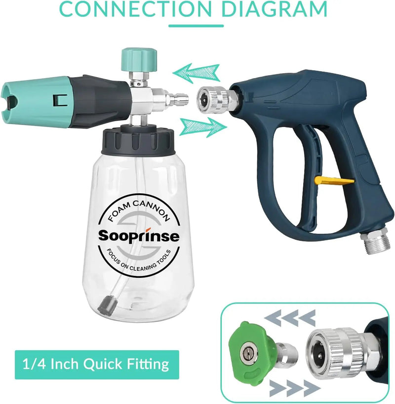 Sooprinse Short Pressure Washer Gun with Foam Cannon, High Pressure Washer Gun Snow Foam Lance with 1/4 Inch Quick Connector, 5 Nozzle Tips with Car Wash Mitt, 3000 PSI, 1 Liter by GreenHaven Gardens