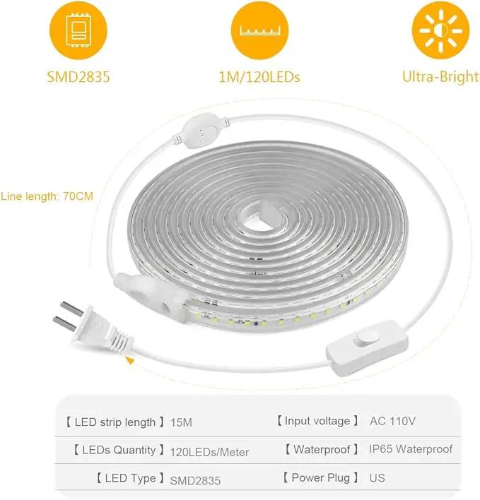 White LED Strip Lights Waterproof, AC 110V, 1800LEDs, 6500k Outdoor LED Rope Light 15M/49.2ft for Garden, Patio, Indoor Outdoor Decoration by GreenHaven Gardens