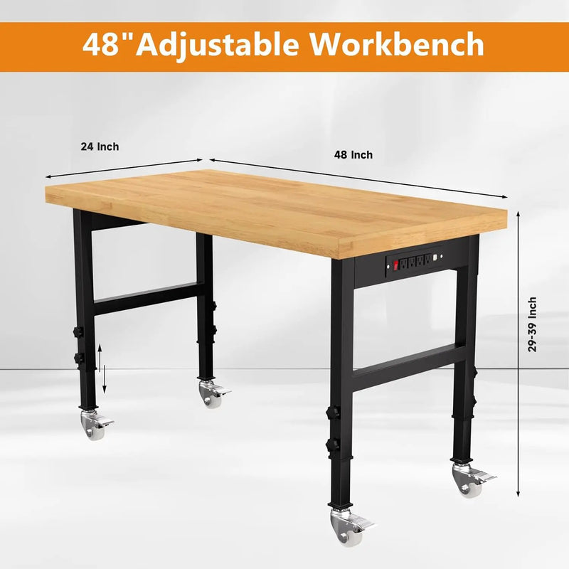 48" Work Bench, Adjustable Height Work Table with Power Outlets and Wheels, 2000 Lbs Capacity Heavy-Duty Hardwood Top Workstation for Garage, Workshop, Office, Home by GreenHaven Gardens
