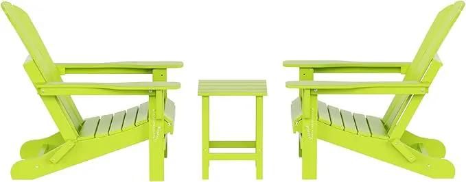 WO Home Furniture Adirondack Chairs Table Set of 3 PCS Outdoor Folding Chairs Side End Table Weather/UV Resistant for Lawn, Garden, Bon Fire, Balcony (Lime) by GreenHaven Gardens