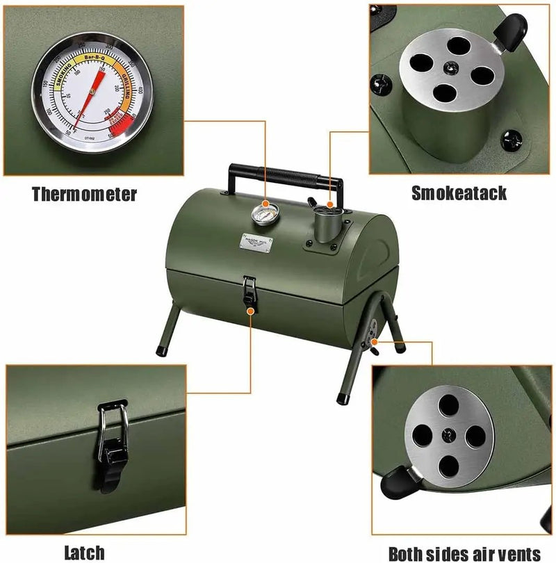MAISON HUIS Adjustable Portable Charcoal Grill Multi-functional Metal Small BBQ Smoker with 9-Piece Stainless Steel Grill Tool Set for Outdoor Hiking Picnic (Green Kit) by GreenHaven Gardens
