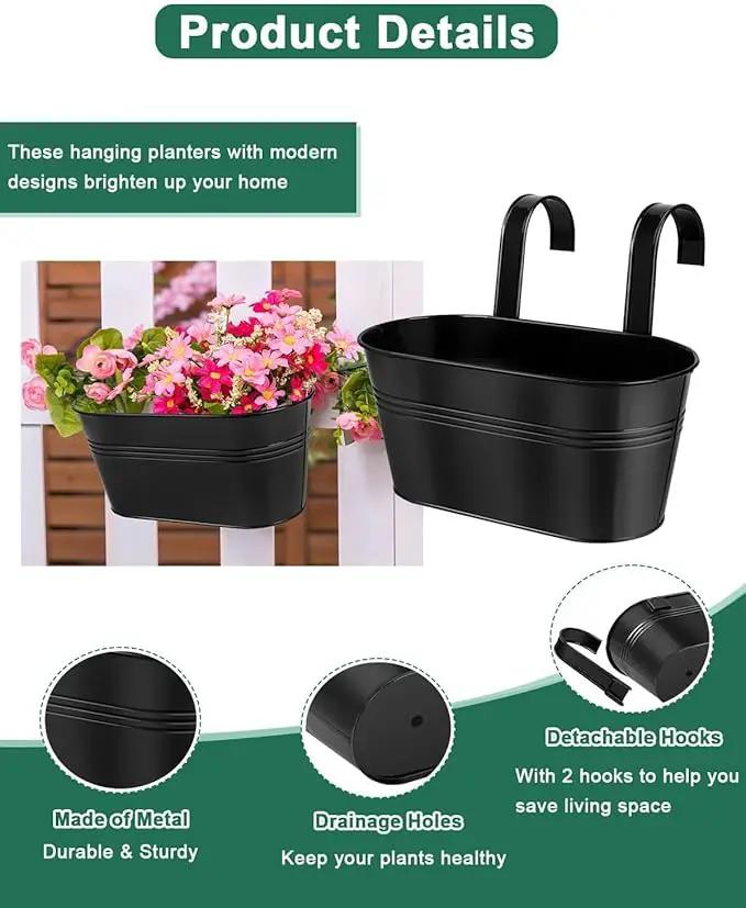 vensovo Metal Railing Planter for Outdoor Plants - 5 Pack Balcony Hanging Flower Pots with Detachable Hooks and Drain Holes Oval Bucket Rail Box Fence Planters for Home Garden Decor, Black by GreenHaven Gardens