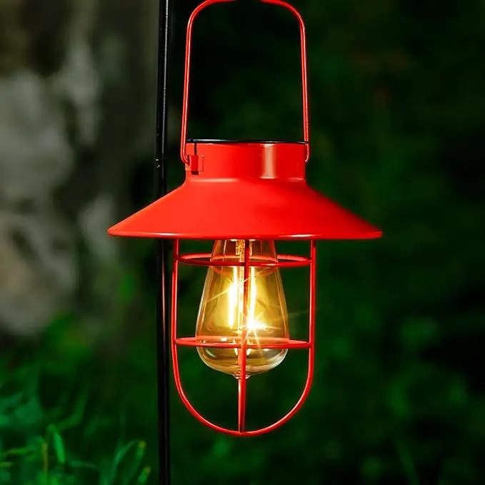 Solar Lights Lantern Lamp with Shepherd Hook, Solar Metal Lanterns, Outdoor Lights Decor,Edison Bulb Lights for Garden ,Outside Decor for Pathways,Patio, Lawn, or Landscaping(Red) by GreenHaven Gardens