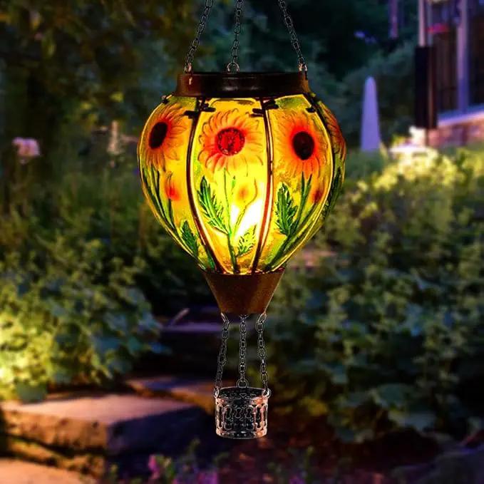 Starsoul Sunflower Hot Air Balloon Solar Lantern - Glass Outdoor Flickering Flame Light, Waterproof Hanging Lamp for Garden, Patio, Yard, Party Decor by GreenHaven Gardens