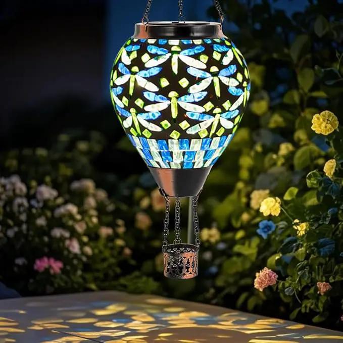 Starsoul Mosaic Dragonfly Hot Air Balloon Solar Lantern Glass Outdoor Hanging Hot Air Balloon Solar Flickering Flame Light Waterproof Garden Patio Yard Party Decorations by GreenHaven Gardens