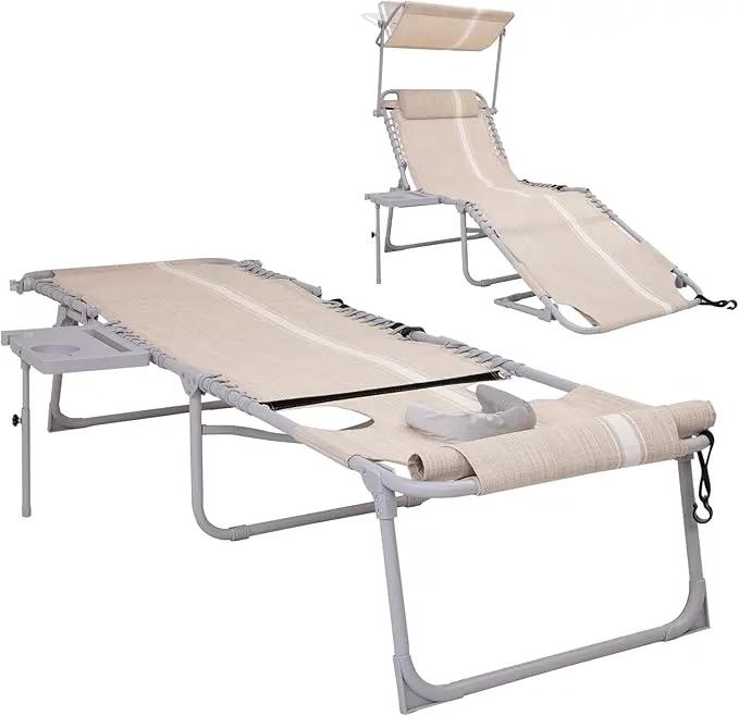 #WEJOY 4 in 1 Tanning Chair with Face Hole & Canopy & Side Table, 5 Positions Adjustable Folding Waterproof Facedown Chaise Lounge with Pillow Quick Dry for Beach Pool Outdoor Camping Patio (Khaki) by GreenHaven Gardens