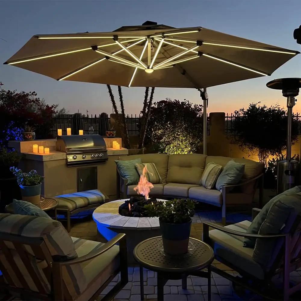 PURPLE LEAF 11ft Solar powered LED Patio Umbrella Outdoor Round Umbrellas Large Cantilever Umbrella with LED lights Windproof Offset Umbrellas Heavy Duty for Garden Deck Pool Patio, Beige by GreenHaven Gardens
