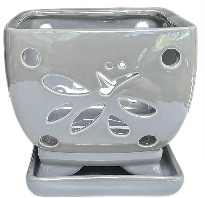 Orchid Pots with Holes Square Ceramic Orchid Planter Pots 5.5 inch (Gray) by GreenHaven Gardens