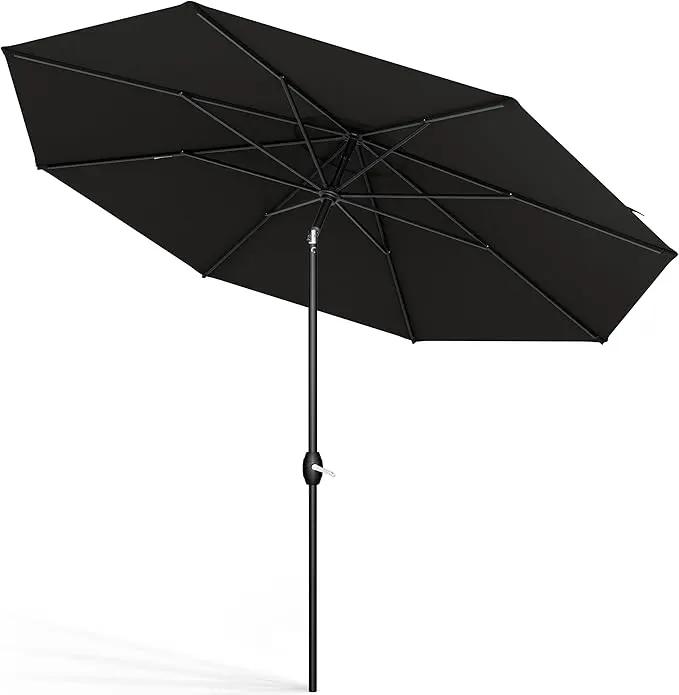 Midtown Umbrellas Sunbrella Umbrella 10 Feet Large Outdoor Umbrella With Sunbrella Black Acrylic Fabric - Auto-Tilt Aluminum Frame Large Patio Umbrella For Backyard, Deck, Garden, Pool - Black Pole by GreenHaven Gardens
