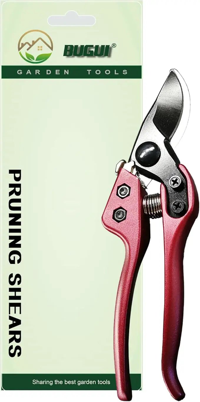 BUGUI 8" Heavy-Duty Pruning Shears, Professional Bypass Gardening Scissors, 1" Cutting Capacity, Sharp Garden Clippers with Low-friction Painted Stainless Steel Blade (Red) by GreenHaven Gardens