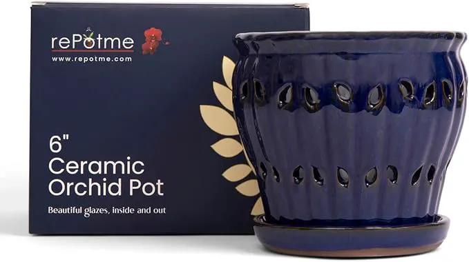 rePotme 6" Pinwheel Fluted Ceramic Plant Pot (Midnight Blue) - Great for Orchids, All Indoor Plants - Includes Matching 6 inch Slotted Pot Liner by GreenHaven Gardens
