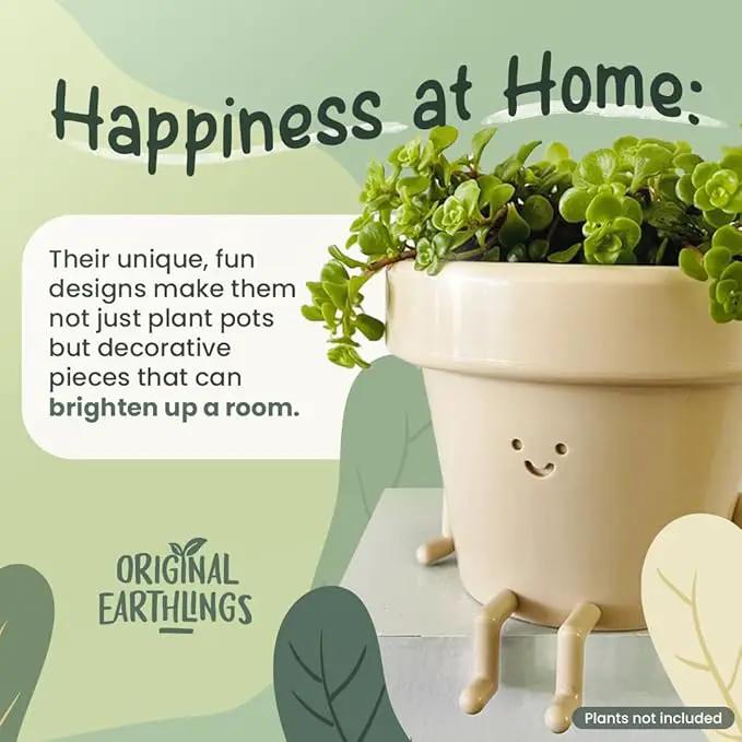 Original Earthlings Sitting Pot - 3.5 Inch Cute Plant Pot - Plastic Funny Planter with Drainage - Unique Cactus Plant Lover Gift - Small Succulent Face Flower Pot - Cute Plant Gifts for Plant Lovers by GreenHaven Gardens