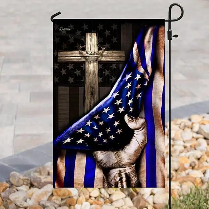 FLAGWIX The Thin Blue Line Christian Cross, America US Flag - 4th of July Decorations for Home, Garden, House Flag (29.5" x 39.5") - USA House Garden Flags Premium Polyester, Decorative Outdoor Flags by GreenHaven Gardens