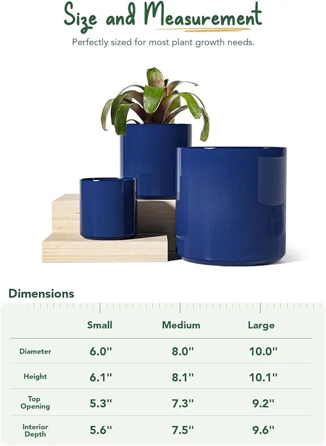 LE TAUCI Ceramic Plant Pots Indoor, 10+8+6 Inch Planters for Indoor Plants, Mid-Century Modern Flower Pots with Drainage Hole and Plug, Cylinder Round Planters, Set of 3, Sapphire Blue by GreenHaven Gardens