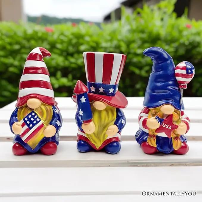 Spring & Summer-Themed Garden Statues – Adorable Outdoor Decor for Lawn, Patio & Porch (Patriotic Gnome Trio Figurines, 6" Set of Three Garden Statues and July 4th Decoration) by GreenHaven Gardens