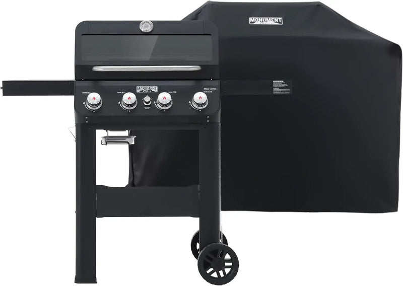 Monument Grills 4-Burner Liquid Propane Gas Grill, Matte Black Stainless Steel Burner Grill with Clearview® Lid, One Foldable Shelf for Outdoor Cooking Kitchen Patio Backyard, Mesa420MF with BBQ Cover by GreenHaven Gardens