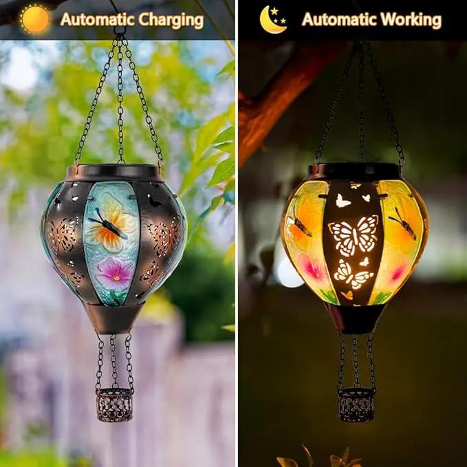 DREAMSOUL Butterfly Hot Air Balloon Solar Lantern, Glass & Metal Outdoor Lantern Hanging Solar Lanterns Outdoor Waterproof for Garden Patio Party by GreenHaven Gardens