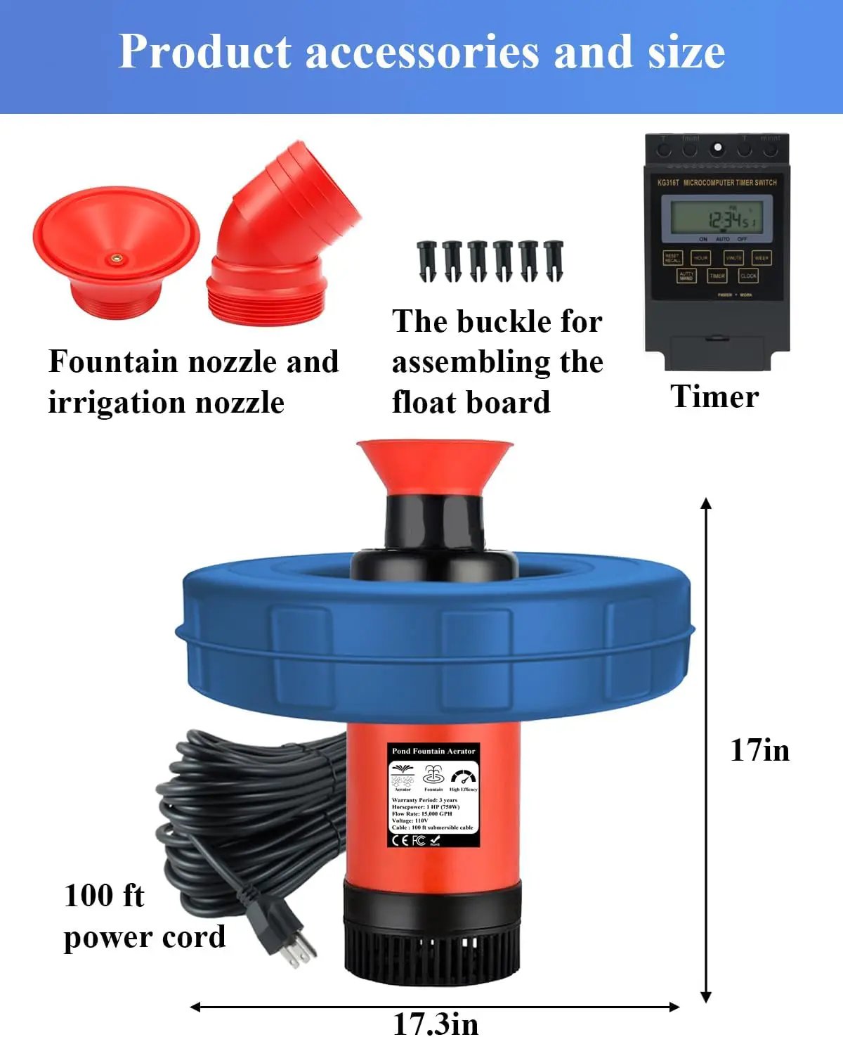 Pond Fountain Aerator 1HP 750W, 110V Floating Fountain with 100FT Power Cord & Digital Timer, 15,000 GPH Water Circulation, 2 Nozzles for Large Ponds, Lakes, Irrigation & Outdoor Water Features by GreenHaven Gardens
